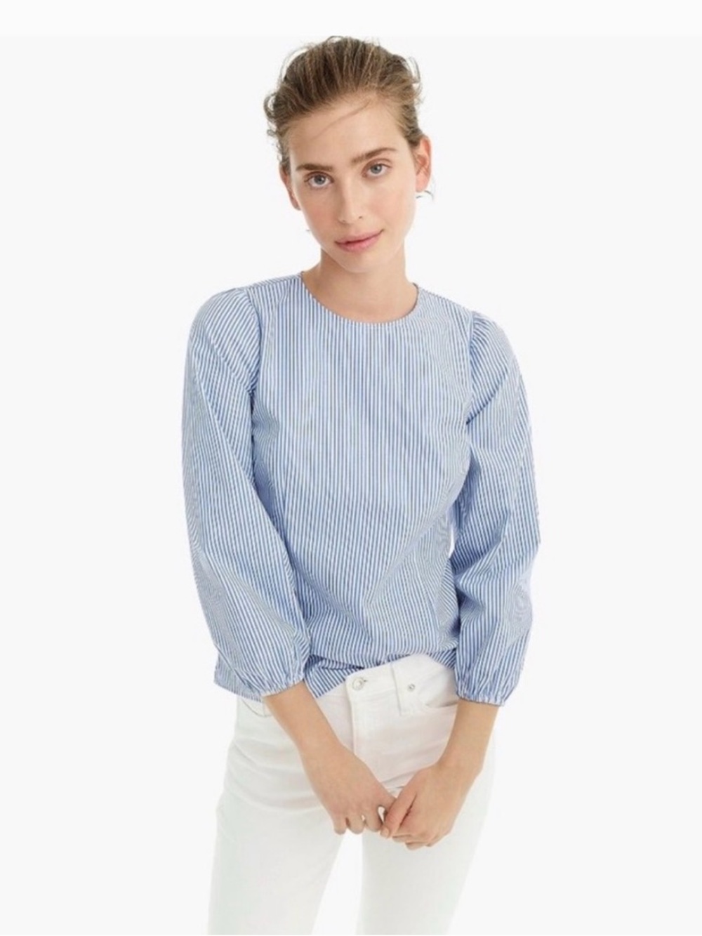 J. Crew Navy and White Pinstripe Long-Sleeve Blouse